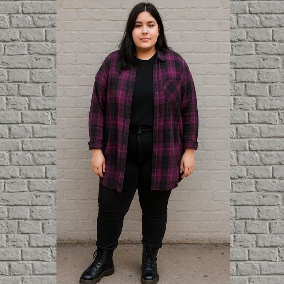 Womens Purple Black Plaid Shirt Size 2X Button Down Long Sleeve Indie Plaidcore - Picture 1 of 8